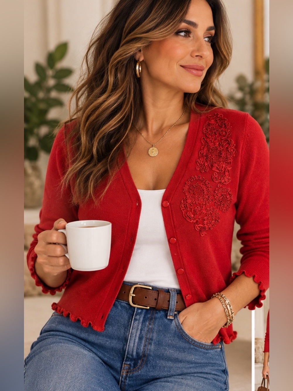 Oscar de la Renta Red Floral Appliqué Cardigan XL